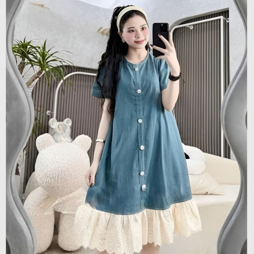 Đầm jeans giấy tiểu thư  bigsize bầu mặc được Váy nữ form rộng chất bò giấy phối ren dọc cúc cộc tay không cổ T1128G