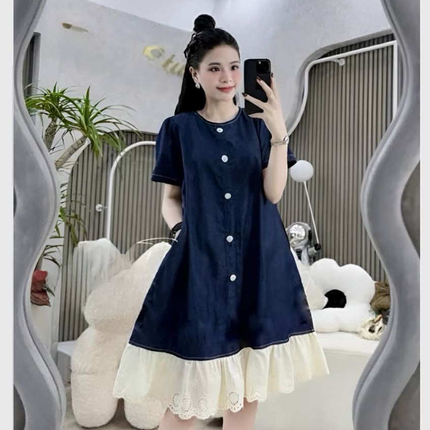 Đầm jeans giấy tiểu thư  bigsize bầu mặc được Váy nữ form rộng chất bò giấy phối ren dọc cúc cộc tay không cổ T1128G