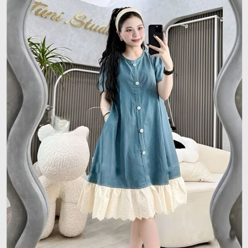 Đầm jeans giấy tiểu thư  bigsize bầu mặc được Váy nữ form rộng chất bò giấy phối ren dọc cúc cộc tay không cổ T1128G