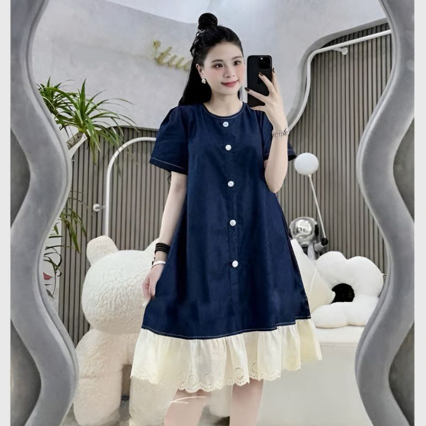 Đầm jeans giấy tiểu thư  bigsize bầu mặc được Váy nữ form rộng chất bò giấy phối ren dọc cúc cộc tay không cổ T1128G