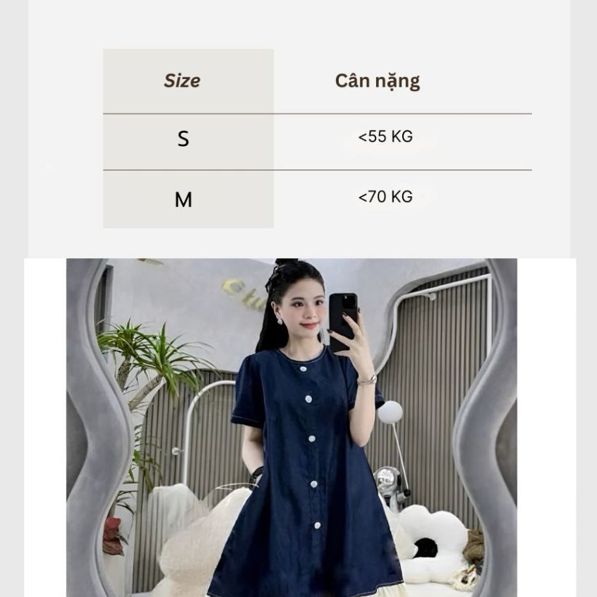 Đầm jeans giấy tiểu thư  bigsize bầu mặc được Váy nữ form rộng chất bò giấy phối ren dọc cúc cộc tay không cổ T1128G