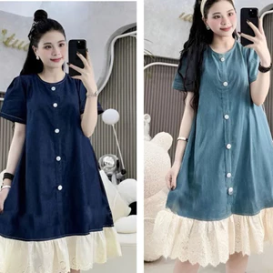Đầm jeans giấy tiểu thư bigsize bầu mặc được Váy nữ form rộng chất bò giấy phối ren dọc cúc cộc tay không cổ T1128G