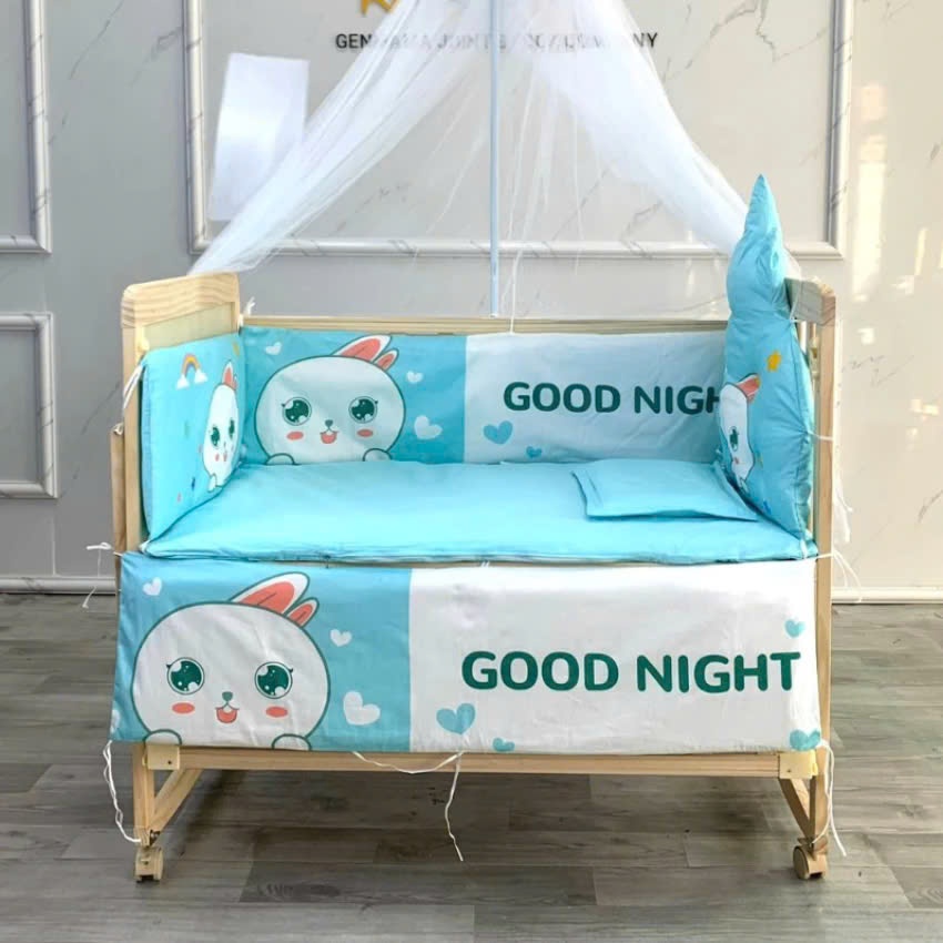 Cũi gỗ thông tự nhiên 5in1 Honalife, nôi sơ sinh cho bé ghép cạnh giường bố mẹ, kt 102x60x90cm