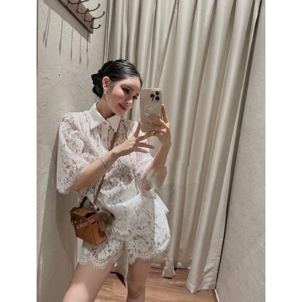 Bộ đồ nữ 2 chi tiết ren áo sơ mi cộc tay mix quần short  thiết kế sang chảnh