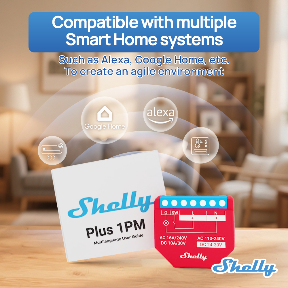 Shelly Plus 1PM Smart Home WiFi Relay Switch Kiểm soát và Đo lường mức tiêu thụ điện năng