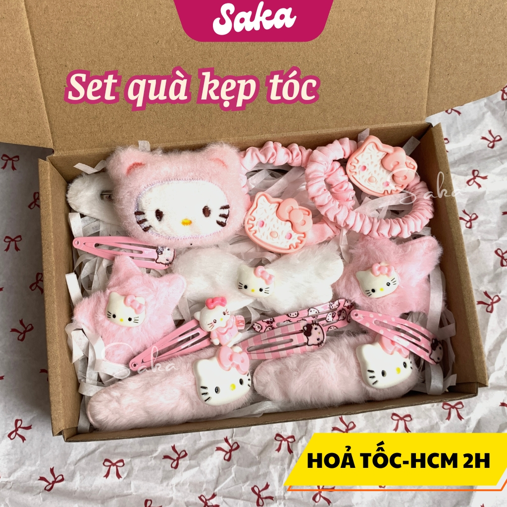 Set Quà Phụ Kiện Tóc - Hộp Quà Tặng Người Yêu, Quà 14 Kẹp Tặng Sinh Nhật Buộc Tóc,Kẹp Tóc Mèo Hồng Kity Dễ Thương- SAKA