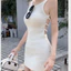 Đầm nữ trắng móc tiểu thư đi biển Váy len ren 2 dây cổ thuyền hở lưng đan dây dáng ngắn ôm body T1164G