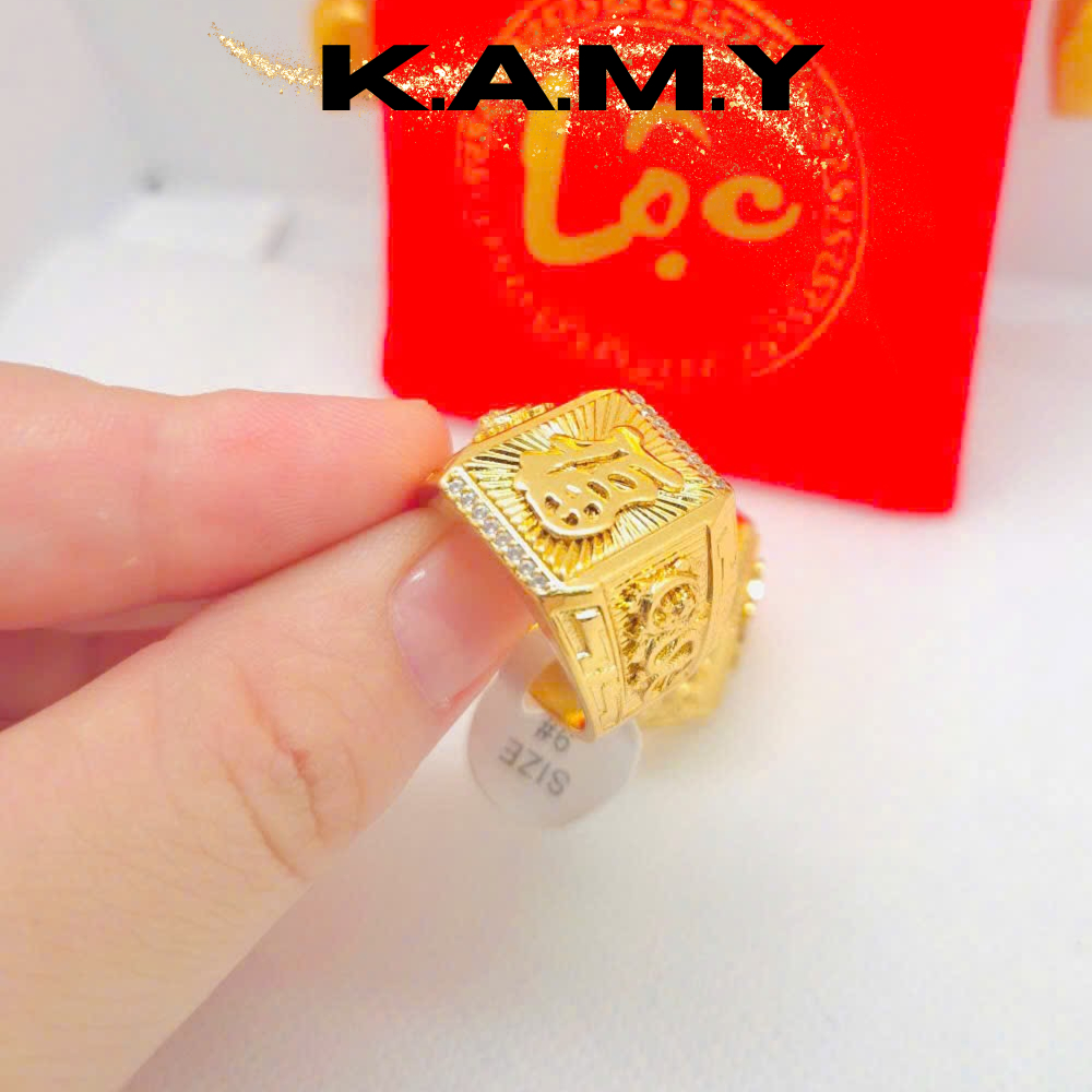 Nhẫn Nam Mạ Vàng 24K Chữ Phúc Tài Lộc Kèm Đá CZ – Nhẫn Kim Tài Phong Thủy May Mắn Sang Trọng