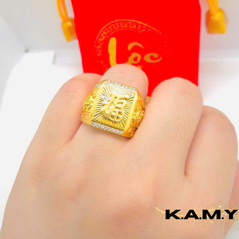 Nhẫn Nam Mạ Vàng 24K Chữ Phúc Tài Lộc Kèm Đá CZ – Nhẫn Kim Tài Phong Thủy May Mắn Sang Trọng
