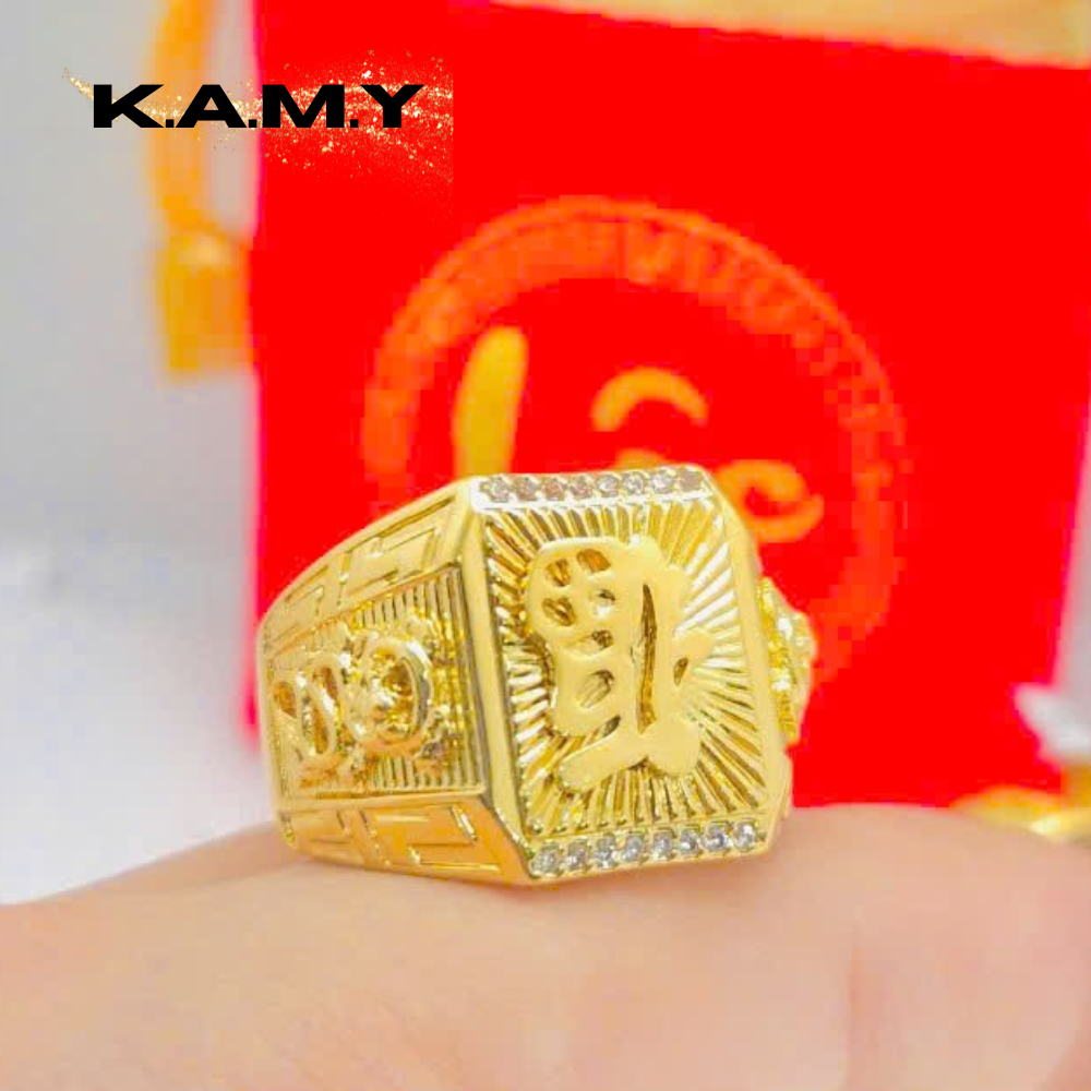 Nhẫn Nam Mạ Vàng 24K Chữ Phúc Tài Lộc Kèm Đá CZ – Nhẫn Kim Tài Phong Thủy May Mắn Sang Trọng