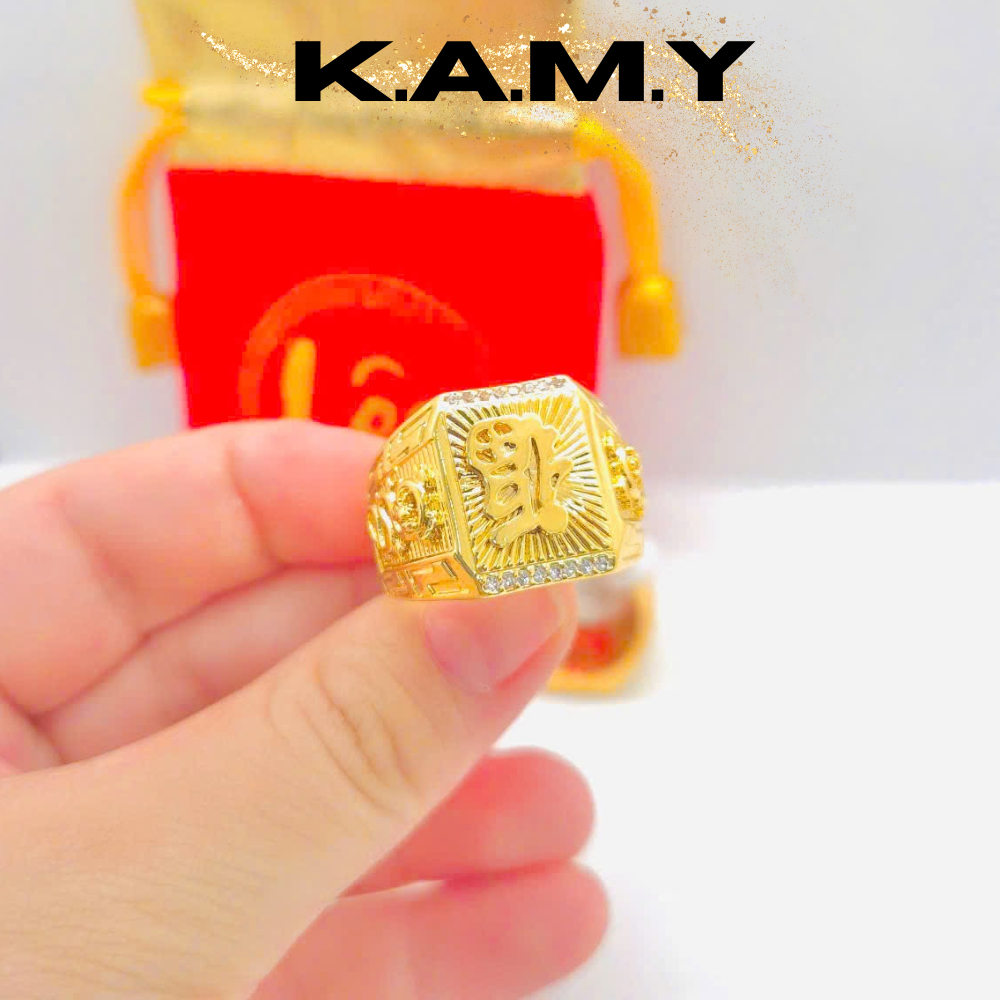 Nhẫn Nam Mạ Vàng 24K Chữ Phúc Tài Lộc Kèm Đá CZ – Nhẫn Kim Tài Phong Thủy May Mắn Sang Trọng
