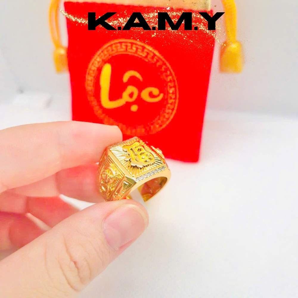 Nhẫn Nam Mạ Vàng 24K Chữ Phúc Tài Lộc Kèm Đá CZ – Nhẫn Kim Tài Phong Thủy May Mắn Sang Trọng