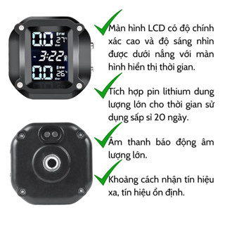 Bộ Cảm Biến Áp Suất Lốp Xe Máy TPMS, Chống Nước IP65, Màn Hình LCD Nhìn Được Dưới Nắng