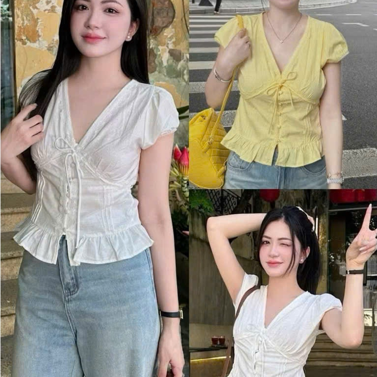 Áo tay hến cổ V ren bèo gấu đính cúc bọc thắt nơ ngực phong cách Hàn quốc TAM A71