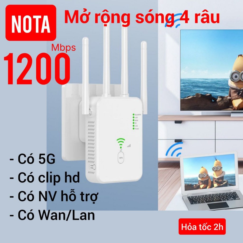 Bộ mở rộng sóng wifi 4 râu 5G công suất 1200Mbps 2.4G 300Mbps router ...