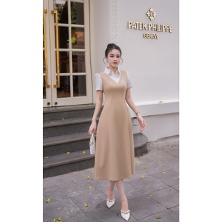Đầm Phối Sơ Mi Dáng Xoè Váy Yếm Cổ Tim LAMER O63L25H016