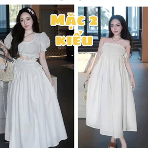 Áo croptop tay bồng chun eo viền bèo + Chân váy dài midi chun hông gắn nơ xòe dài maxi Set đồ nữ T1203G