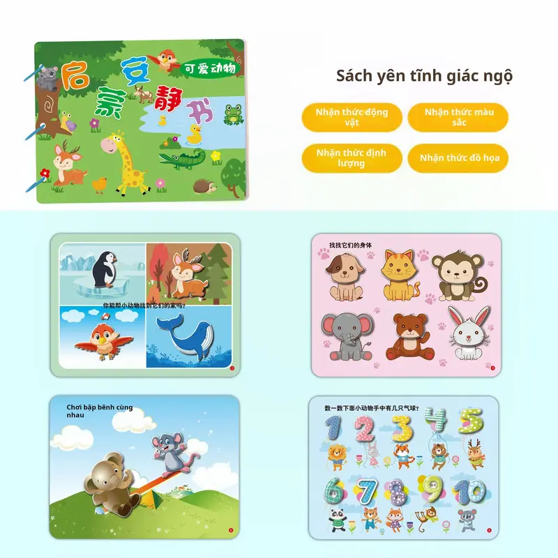 Sách xé dán 3D động vật, đồ chơi giáo dục sớm Khai Sáng cho trẻ mẫu giáo, với khóa dán, giáo dục nhẹ, chống ồn