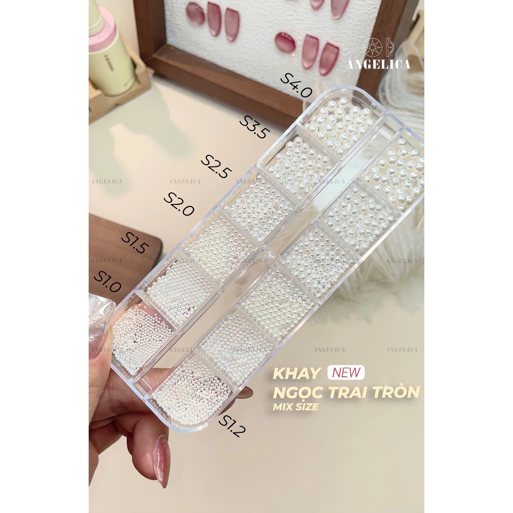 Set Ngọc Trai Nửa Nail Mix Size Chia Ô Nhân Tạo Cao Cấp Trang Trí Móng ANGELICA STN