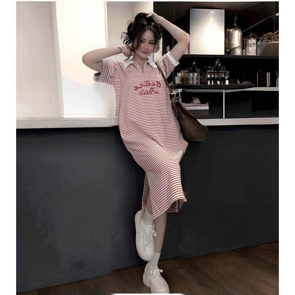 Đầm nữ bầu mặc được bigsize đi học đi chơi Váy polo dáng dài form rộng kẻ ngang đỏ phối cổ trắng cộc tay xẻ tà T1209G