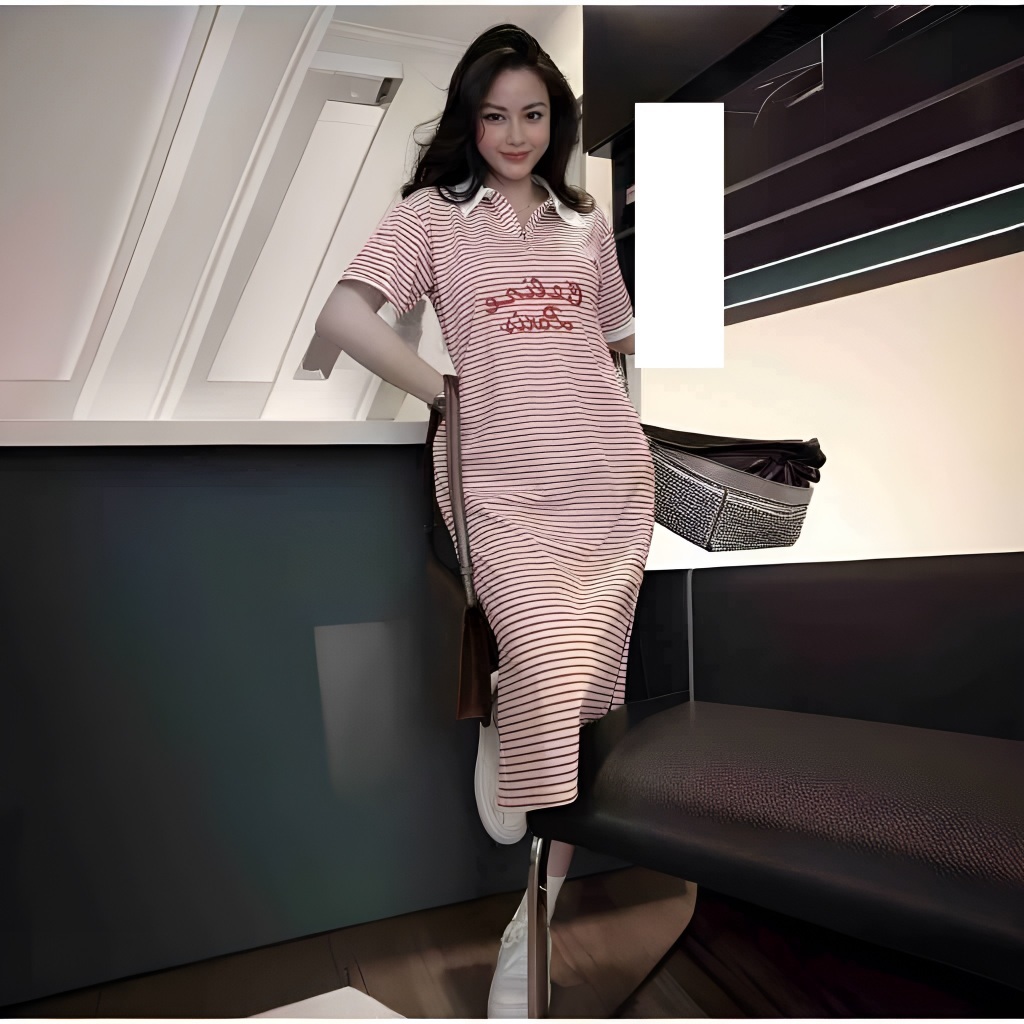 Đầm nữ bầu mặc được bigsize đi học đi chơi Váy polo dáng dài form rộng kẻ ngang đỏ phối cổ trắng cộc tay xẻ tà T1209G