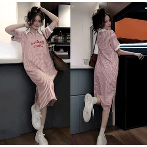 Đầm nữ bầu mặc được bigsize đi học đi chơi Váy polo dáng dài form rộng kẻ ngang đỏ phối cổ trắng cộc tay xẻ tà T1209G