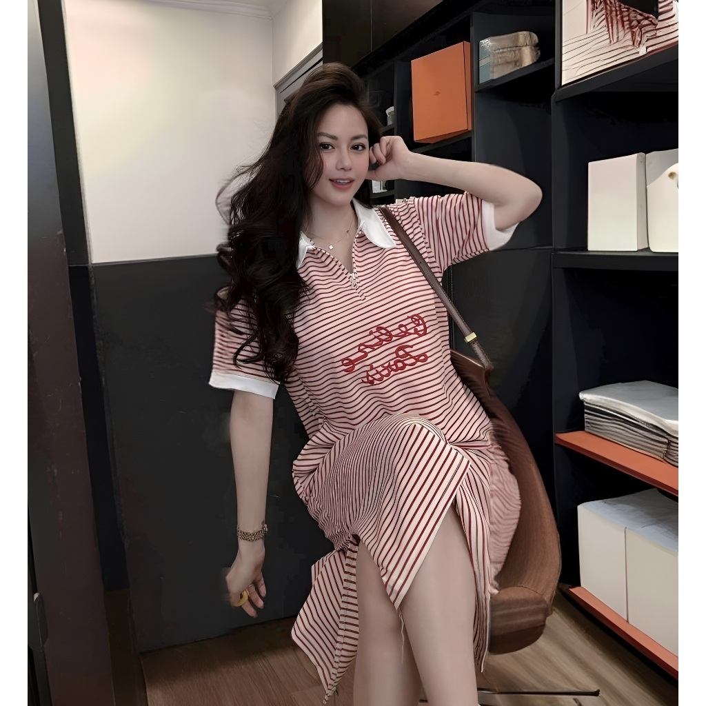 Đầm nữ bầu mặc được bigsize đi học đi chơi Váy polo dáng dài form rộng kẻ ngang đỏ phối cổ trắng cộc tay xẻ tà T1209G