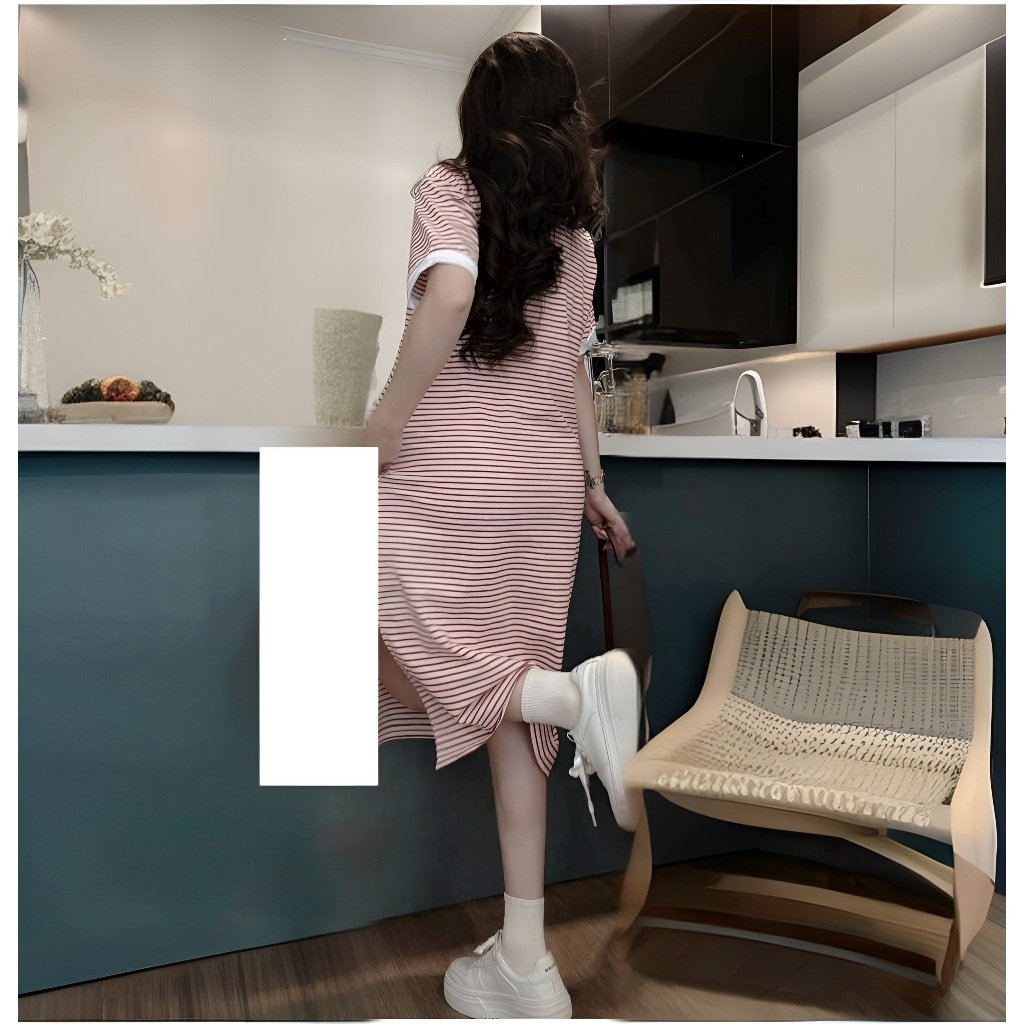 Đầm nữ bầu mặc được bigsize đi học đi chơi Váy polo dáng dài form rộng kẻ ngang đỏ phối cổ trắng cộc tay xẻ tà T1209G