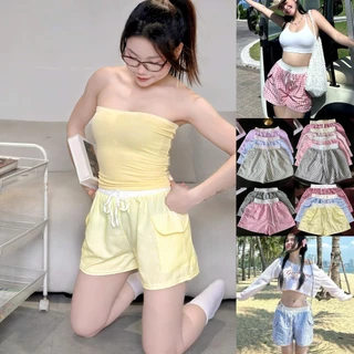 [ Quần túi hộp ] Quân short kate nữ họa tiết kế sọc lưng chun dây form đẹp Women