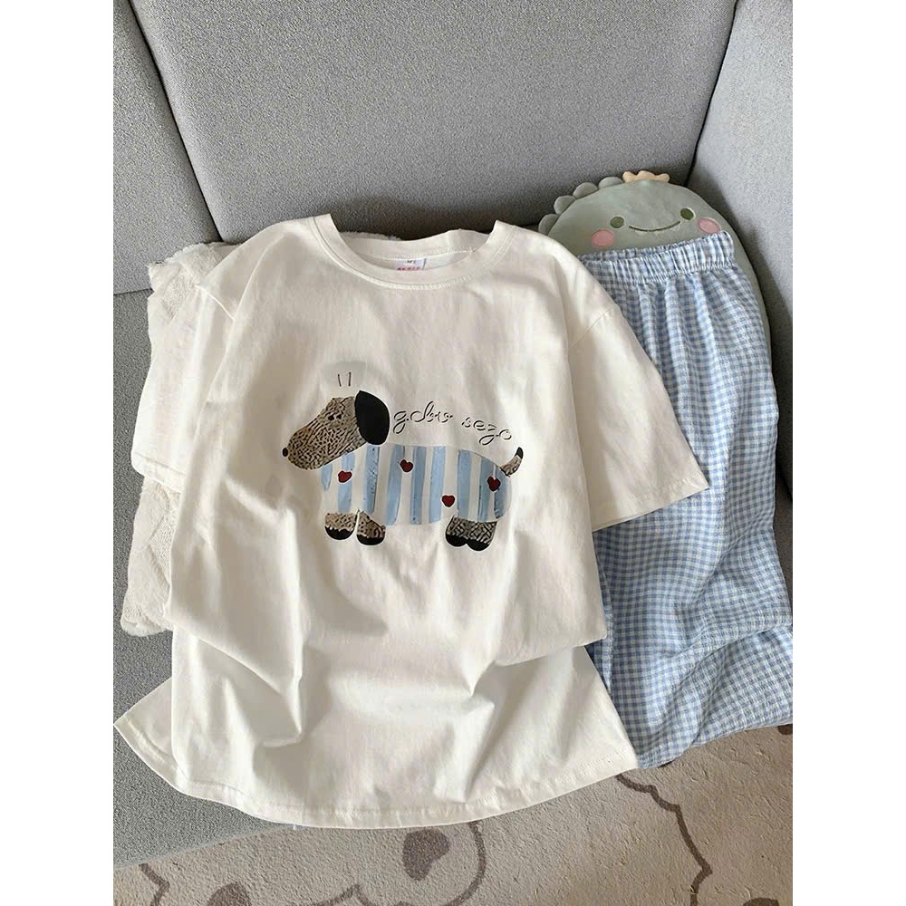 Sét bộ mặt nhà Quần dài caro xanh dương, Áo ngắn tay Trắng in hình JULY FASHION, Đồ bộ, Sét đồ chất thun Cotton mềm mát