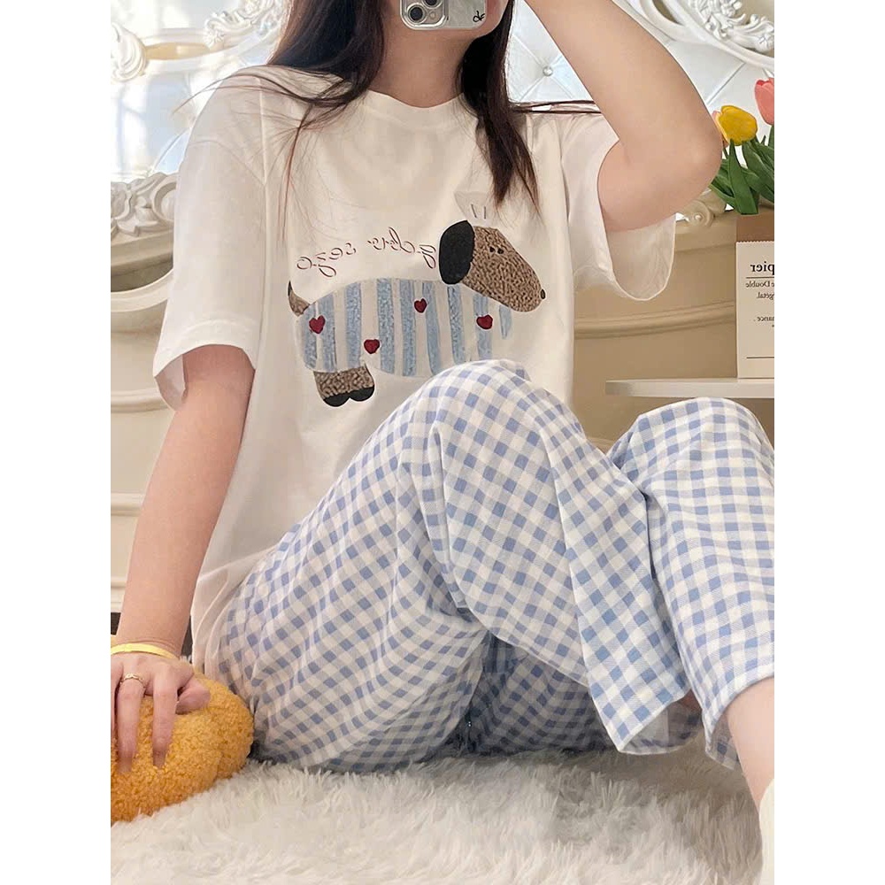 Sét bộ mặt nhà Quần dài caro xanh dương, Áo ngắn tay Trắng in hình JULY FASHION, Đồ bộ, Sét đồ chất thun Cotton mềm mát
