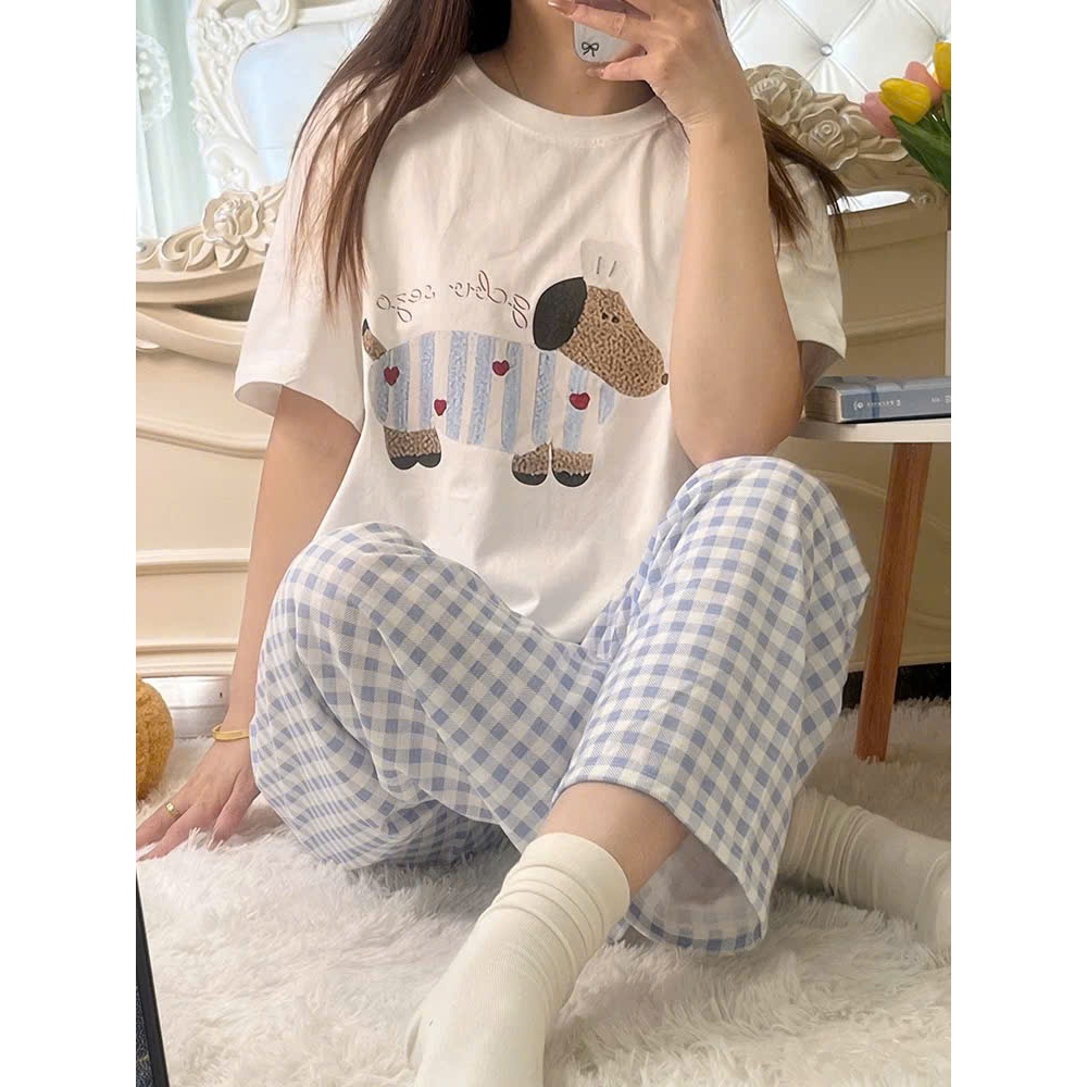 Sét bộ mặt nhà Quần dài caro xanh dương, Áo ngắn tay Trắng in hình JULY FASHION, Đồ bộ, Sét đồ chất thun Cotton mềm mát