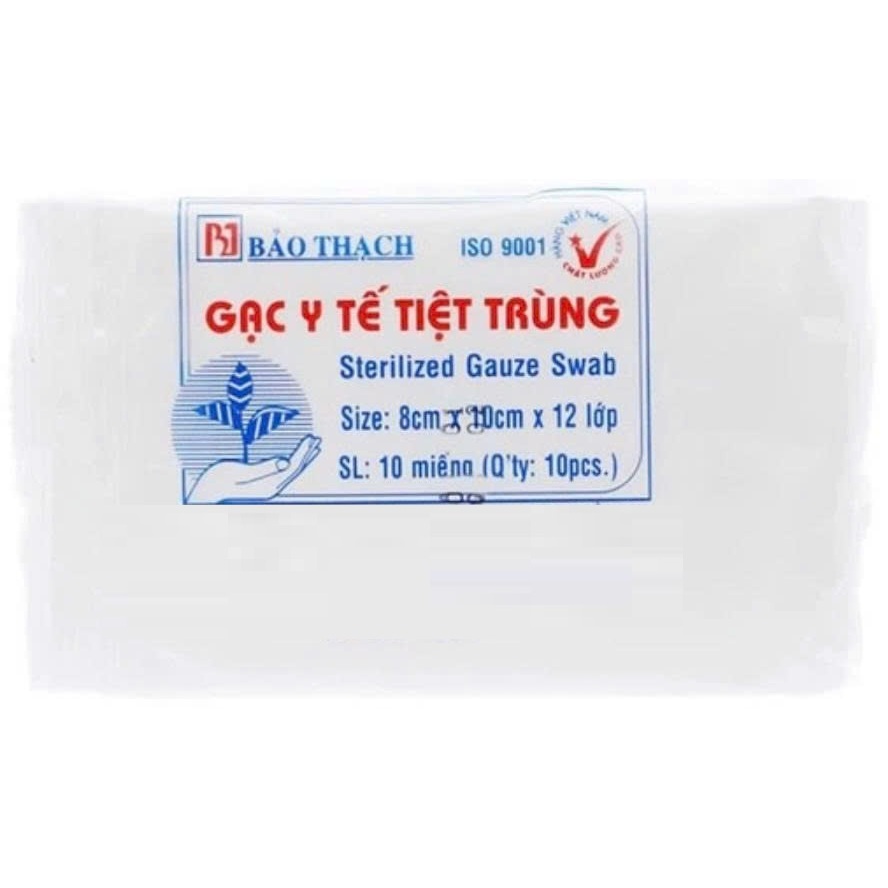 Gạc y tế Bảo Thạch 8x10cmx 12 lớp(Bịch 10 miếng).Gạc y tế tiệt trùng Bảo Thạch hỗ trợ làm sạch vết thương,thấm hút nhanh
