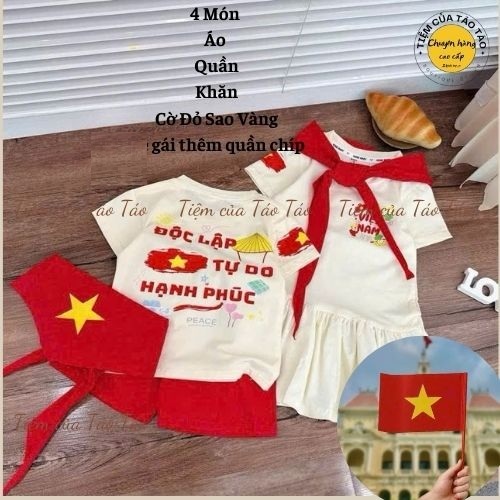 Sẵn Ship-TẶNG CỜ -HOẢ TỐC Bộ Đồ Quốc Khánh 2 tháng 9 Cờ Đỏ Sao Vàng mừng độc lập tự do cho bé trai bé gái sizetừ 4-16kg