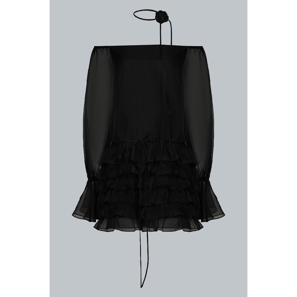 Đầm Trễ Vai Bèo Tầng Đính Hoa Nơ Choker Thiết Kế Dáng Ôm Xòe Mã 1S49.2506OG | Váy Tiệc Nữ Tơ Óng Dự Tiệc Gợi Cảm JM