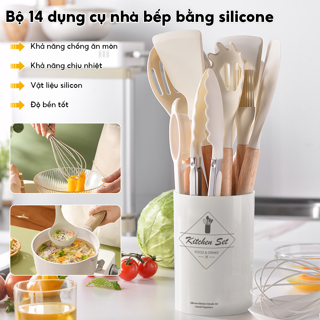 Bộ dụng cụ nhà bếp 14 món thìa silicone chống dính và thìa canh
