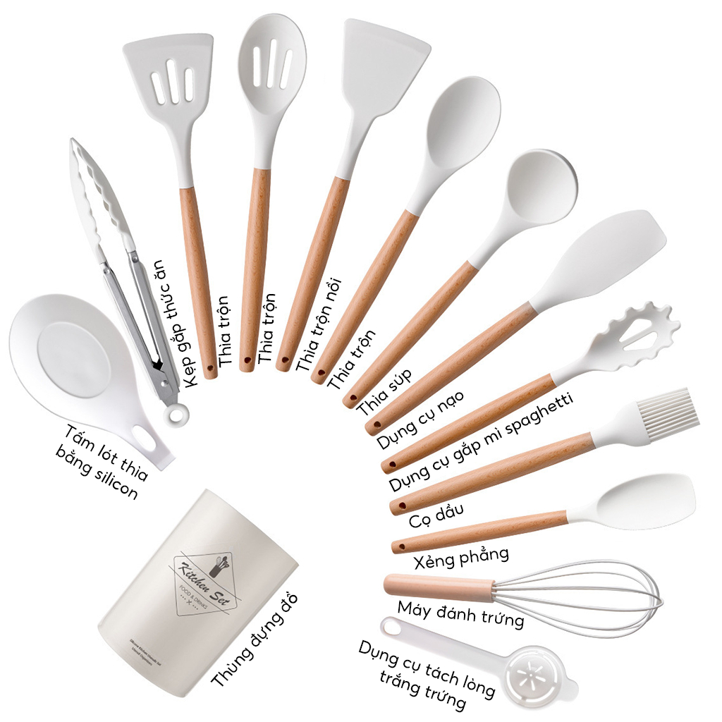 Bộ dụng cụ nhà bếp 14 món thìa silicone chống dính và thìa canh