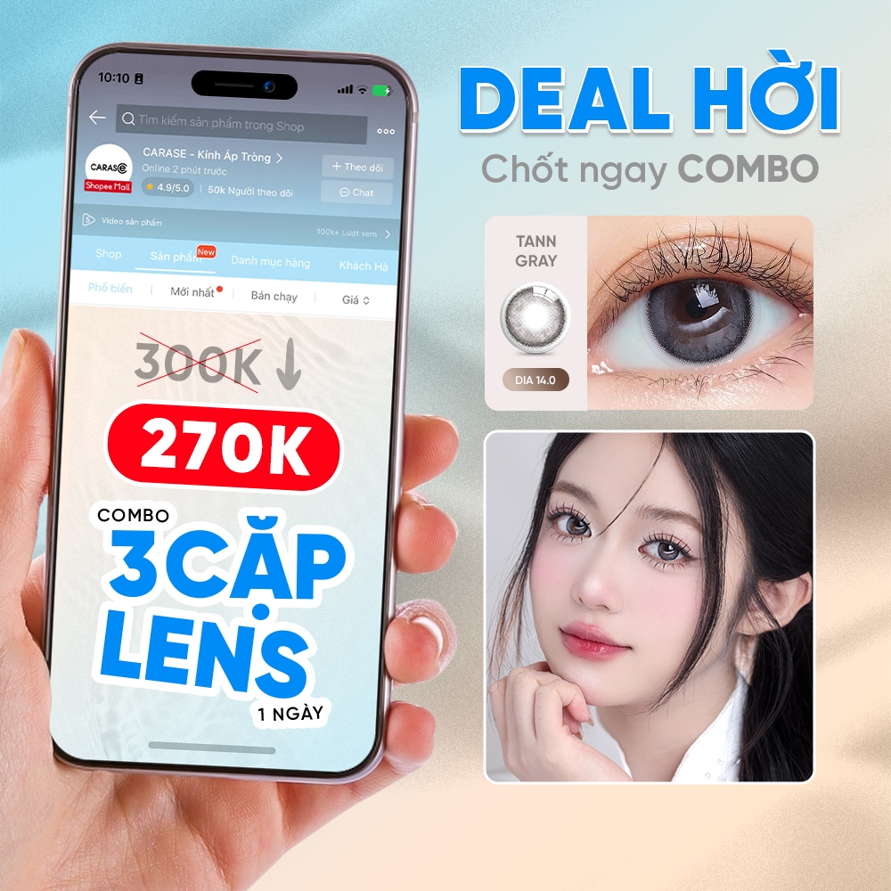 Combo 3 Cặp  Kính Áp Tròng 1 Ngày CARASE, Lens Cận Russ Brown/Tann Gray/Ha Brown - 3 cặp