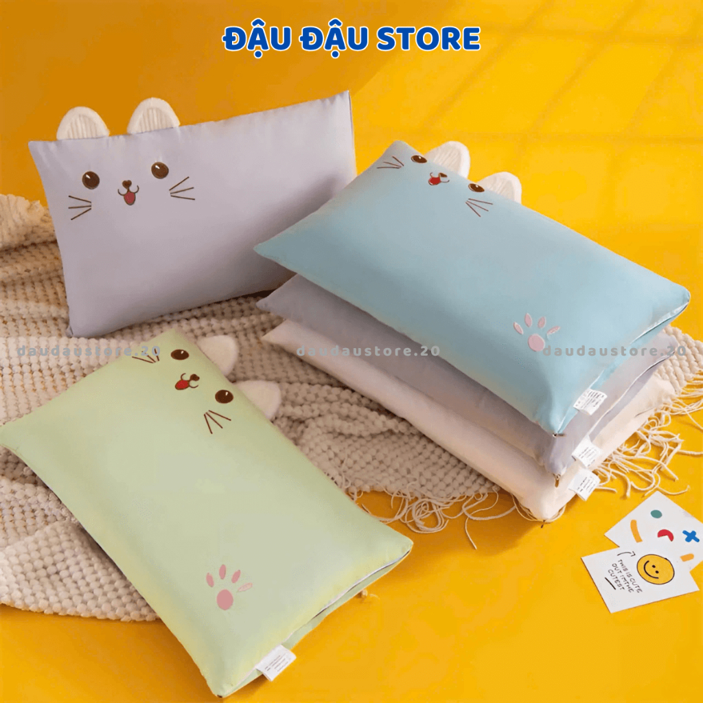 Gối Nằm Cho Trẻ Em Gối Cotton Hình Mèo Cho Bé Yêu 30x50Cm Lõi Bông Mềm Mịn Thoáng Mát GC07 - Đậu Đậu Store