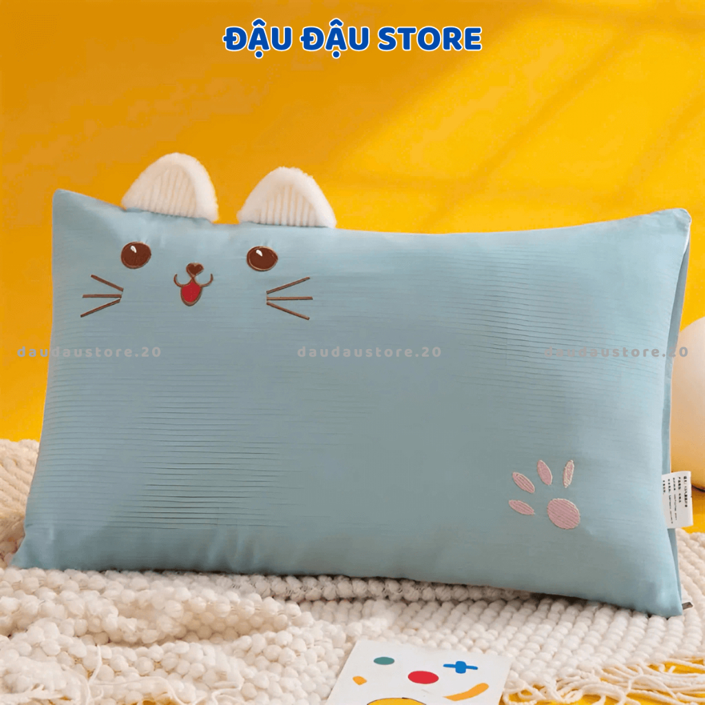 Gối Nằm Cho Trẻ Em Gối Cotton Hình Mèo Cho Bé Yêu 30x50Cm Lõi Bông Mềm Mịn Thoáng Mát GC07 - Đậu Đậu Store