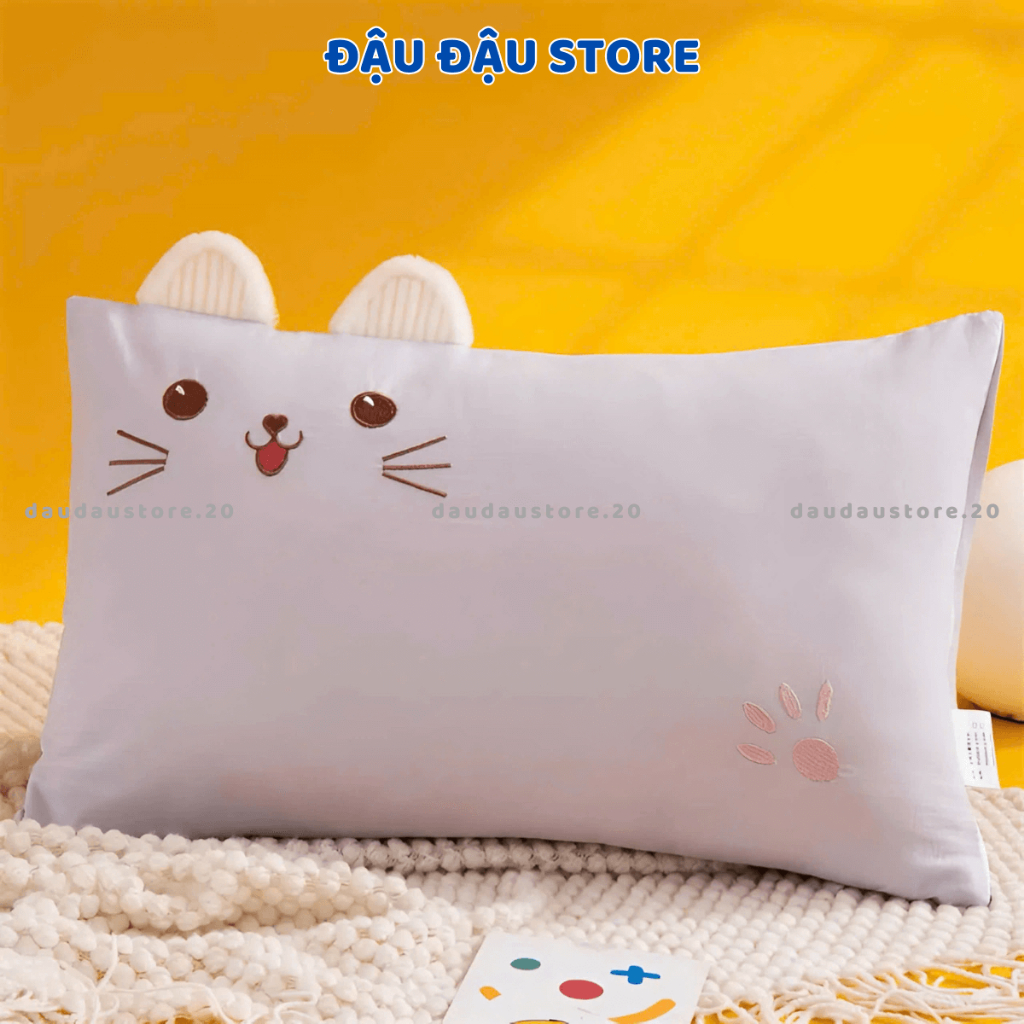 Gối Nằm Cho Trẻ Em Gối Cotton Hình Mèo Cho Bé Yêu 30x50Cm Lõi Bông Mềm Mịn Thoáng Mát GC07 - Đậu Đậu Store