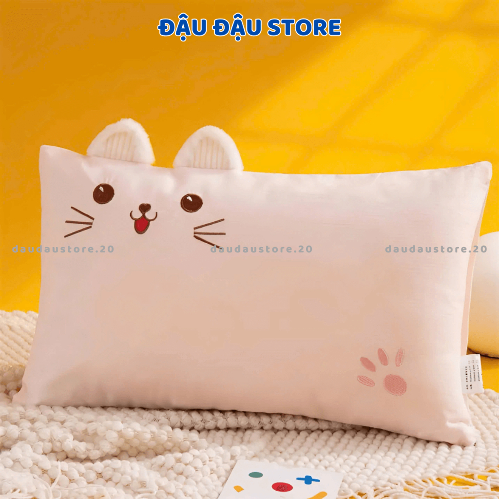 Gối Nằm Cho Trẻ Em Gối Cotton Hình Mèo Cho Bé Yêu 30x50Cm Lõi Bông Mềm Mịn Thoáng Mát GC07 - Đậu Đậu Store