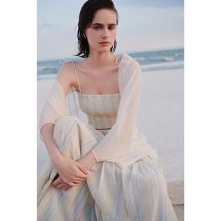 Đầm Maxi OLV dây vai cột thiết kế nhún chun ôm body Lemon Striped Strappy Maxi Dress phù hợp đi biển