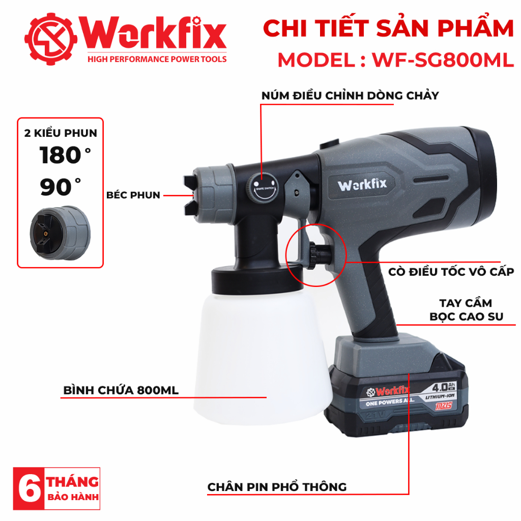 Máy Phun Sơn Pin WORKFIX WF-SG800ML – Phun Mịn, Tiết Kiệm Sơn – 2/3 Chế Độ, Dung Tích Lớn, Pin 21V, Đủ Phụ Kiện