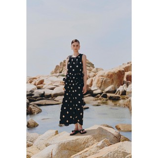 Đầm lụa Maxi OLV dáng suông chấm bi phối bèo nữ tính cổ xếp ly cách điệu Black Dot Loose Maxi Dress