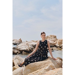Đầm lụa Maxi OLV dáng suông chấm bi phối bèo nữ tính cổ xếp ly cách điệu Black Dot Loose Maxi Dress