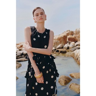Đầm lụa Maxi OLV dáng suông chấm bi phối bèo nữ tính cổ xếp ly cách điệu Black Dot Loose Maxi Dress