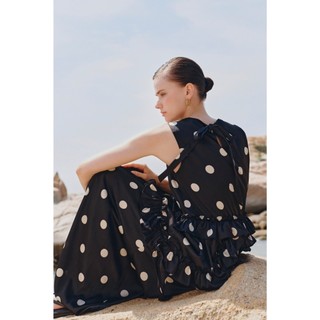 Đầm lụa Maxi OLV dáng suông chấm bi phối bèo nữ tính cổ xếp ly cách điệu Black Dot Loose Maxi Dress