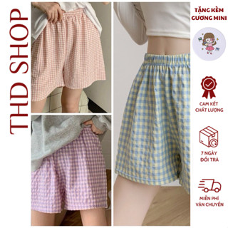 Quần short nữ họa tiết caro, quần ngủ nữ có túi, chất vải đũi xốp thoáng mát, tạo cảm giác dễ chịu khi mặc tại nhà.
