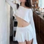 2Sooonsumff Set 2 món áo crotop dài tay cổ thuyền kèm chân váy ngắn xòe phối bèo mùa xuân cho nữ